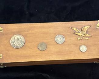 Unique felt lined coin motif wooden box
