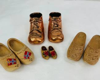 Small Decorative Wooden Clogs and Bronzed Baby Shoes