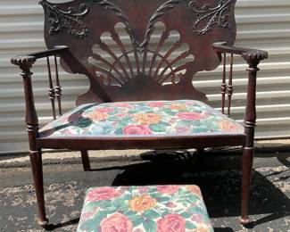 Dark Wood Floral Settee and Stool