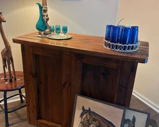 Solid wood freestanding dry bar, wall art, lamps and glassware