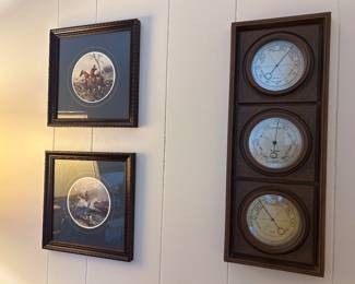 Framed equestrian prints , barometer