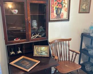 Secretary, framed art, fairy lamp, occasional chairs