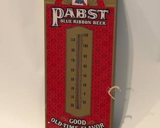 Vintage Pabst Blue Ribbon "Good Old-Time Flavor" metal advertising thermometer sign from the late 1960s to early 1970s