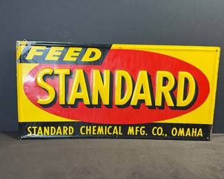Vintage tin litho advertising sign for Feed Standard by the Standard Chemical Mfg. Co. of Omaha, Nebraska