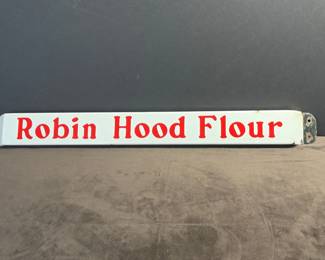 Vintage porcelain enamel vertical door push bar or pull sign featuring the red-and-white branding for Robin Hood Flour