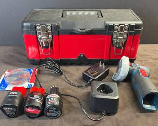 Bosch 12 V cordless grinder with extra batteries, charger and toolbox