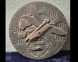 Vintage Springfield 12-inch round dragonfly metal outdoor thermometer and clock