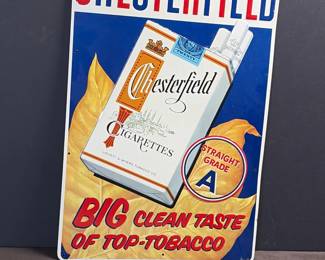 vintage 1950s Chesterfield Cigarettes "Big Clean Taste of Top-Tobacco" embossed metal advertising sign