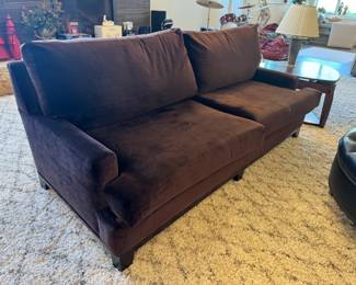 Incredibly comfortable, deep set couch made by Patagonia Furniture. Rich chocolate brown velour-like.