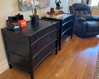 Two black Noir Hampton chests, 3-drawer solid wood chests, purchased from Checkered Moon. Each chest is 36" x 22" x 31".