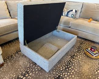 Ballard ottoman opens up to storage! 43" x 29" 17". Like a bluesy-gray tweed houndstooth