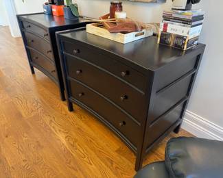 Two black Noir Hampton chests, 3-drawer solid wood chests, purchased from Checkered Moon. Each chest is 36" x 22" x 31".