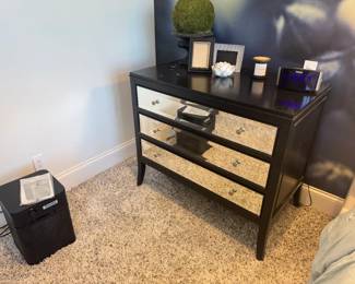 Mirrored, black Drexel Heritage dresser. Has some damage on top. Dresser is 41" x 23" x 36". Austin air purifier