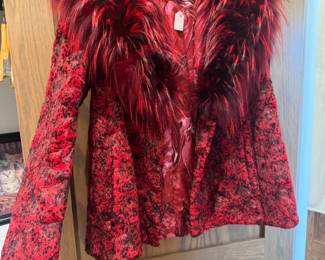 Mink and silver fox fur jacket by Ben Khan, red and black with bushy collar/lapel.Bold and gorgeous!