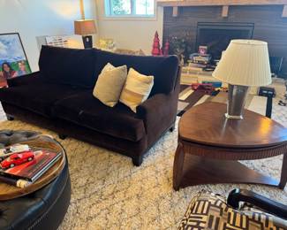 Incredibly comfortable, deep set couch made by Patagonia Furniture. Rich chocolate brown velour-like. Cocktail/end table lifts
