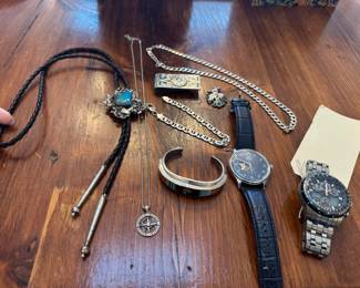 Native American sterling silver and turquoise bolo tie- Stunning! Gorgeous men's cuff, Native American Zuni sterling silver cuff bracelet with inlay Men's sterling silver link necklace and bracelet , others too. A cool compass necklace Orient Automatic Envoy men's watch with "open heart" on face Citizen Eco-Drive men's watch, radio controlled SkyHawk atomic chronograph world time Sterling silver Mexican money clip and others!