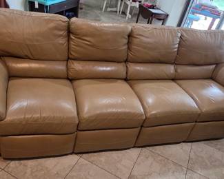 La-Z-Boy Extra Long Leather Couch Dual Recliner & Ottoman with storage~~Couch: 114 in wide X 41inch deep X 39 inch tall Ottoman: 44inch wide X 26inch deep