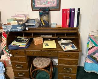 Small roll top desk, stool and desk supplies