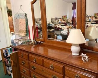 Dresser with 3 way mirror matches the king bed