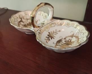 Morimura Japan Handled Dual Bowl Condiment/Nut Dish Raised Gold Floral Design