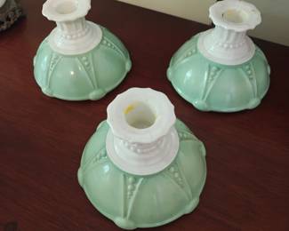 Vintage Anchor Hocking Oyster & Pearl White/Green Candlestick