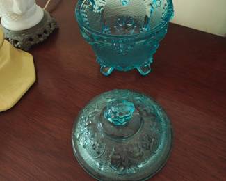 Vintage Jeannette Glass Covered Candy Dish Aqua Blue