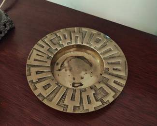 Vintage Mid Century Modernist Sunburst Brass Ashtray Dish Geometric Design MCM