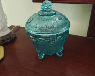 Vintage Jeannette Glass Covered Candy Dish Aqua Blue