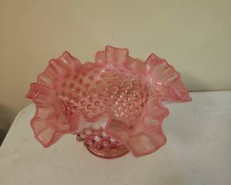 Vtg Fenton Glass Cranberry Hobnail Bowl Ruffled Edge