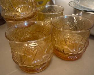 Vintage Anchor Hocking Amber Glass Rain Flower Rocks Glass 3" Tumblers