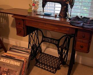 Antique Singer Model 66 Treadle Sewing Machine, Vinyl Records