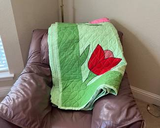 Brown Leather Oversized Lounge Chair / Handmade Quilt