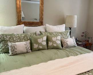 King wooden lattice headboard, King Linens, Ornate Gilt Beveled Mirror