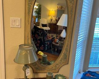 Baker Furniture Walnut side table / Floral Decorated Mirror