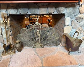 Beautiful Brass Unicorn Fan Fireplace Screen, Brass Coal/Ash Bucket, Brass Fireplace Sets