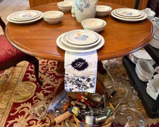 Round Drop leaf table.  Vintage kitchen utensil and Pfaltzgraff