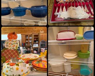 Dutch ovens-many more not shown, large set Silverplate silverware, Fall Temp-tations - so many more patterns and pieces, vintage Tupperware- just part of selection 