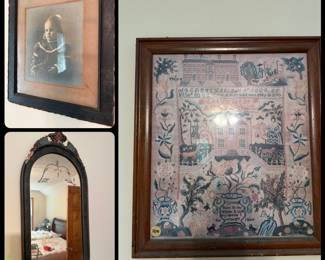 Antique Mirror, Photo and Embroidered Sampler 