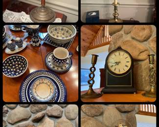 Lots of Lamps- brass and Tiffany style, Polish  Pottery, Anniversary Clocks. Brass candlesticks and more