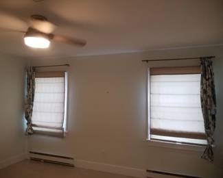 Lighted ceiling fan; window treatments