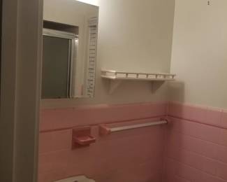 Vanity light; mirror; wall shelf
