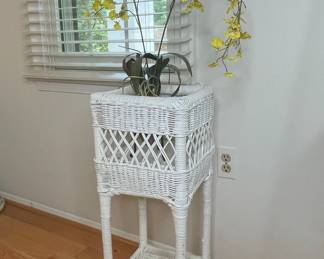 White Wicker Plant Stand with Lower Shelf