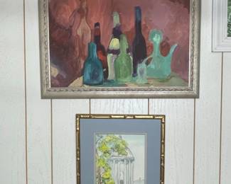 Still Life Oil Painting of Bottles and Architectural Watercolor