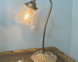 Vintage Art Nouveau Lily Pad Gooseneck Lamp with Frosted Glass Tulip Shade