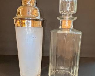Vintage Frosted Glass Cocktail Shaker and Paneled Crystal Decanter