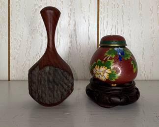 Vintage Chinese Cloisonné Snuff Bottle and Wooden Tool