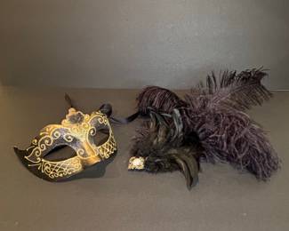 Black and Gold Venetian Masquerade Mask with Feathered Fascinator