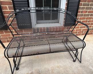 Vintage Wrought Iron Garden Glider Bench with Floral Accents