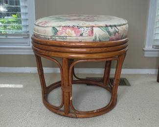 Vintage Rattan Swivel Ottoman with Floral Cushion