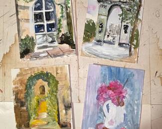 Small Format Watercolor Paintings of European Architectural Scenes and Floral Still Life